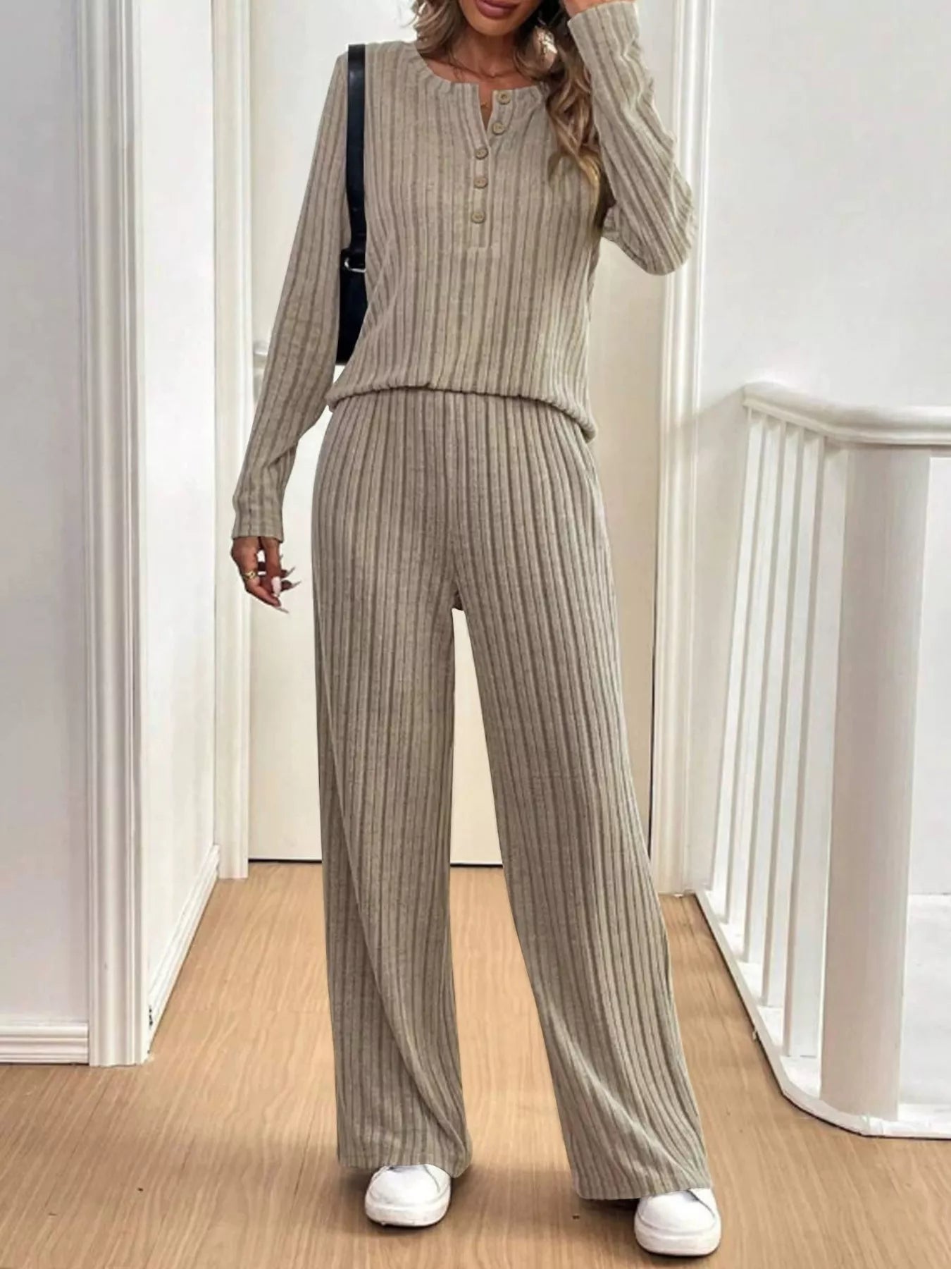 Sarah Express Women's Plus Size Ribbed Knit Button Front Top and Pants Set