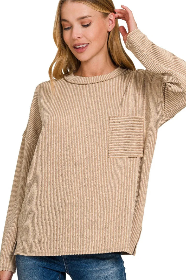 Sarah Express Women’s Long Sleeve Drop Shoulder Ribbed Top Casual All-Season