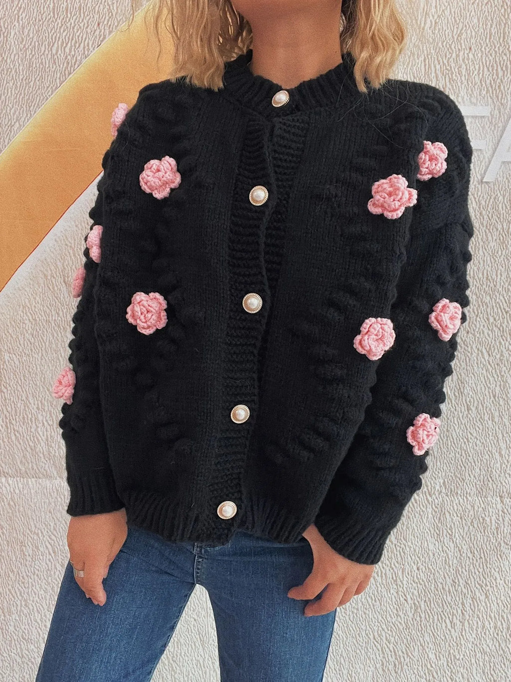 Sarah Express Women's Flower Button Up Long Sleeve Cardigan