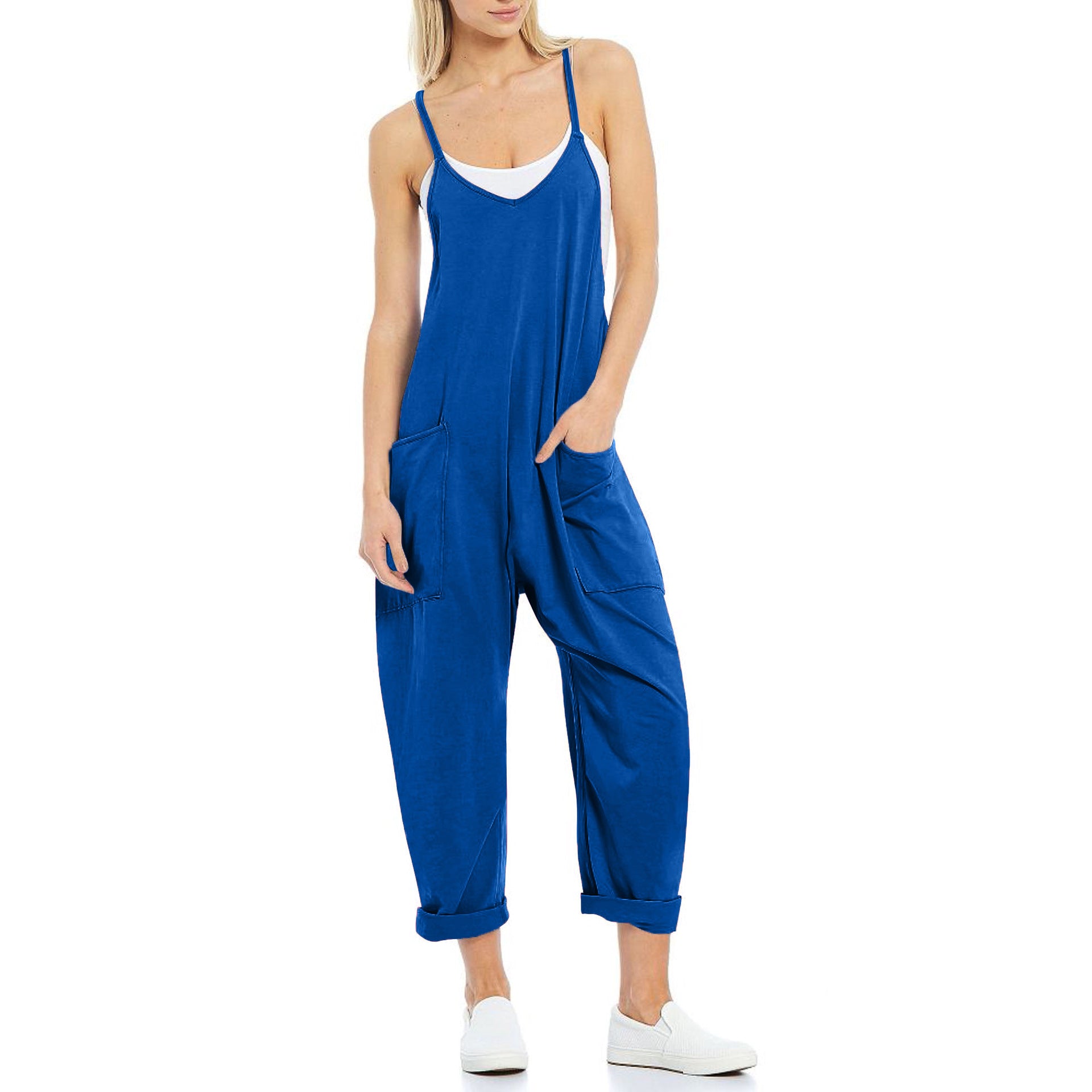 Sarah Express Women's Knitted Spaghetti Strap Jumpsuit - Loose Fit Wide Leg Overalls with Pockets