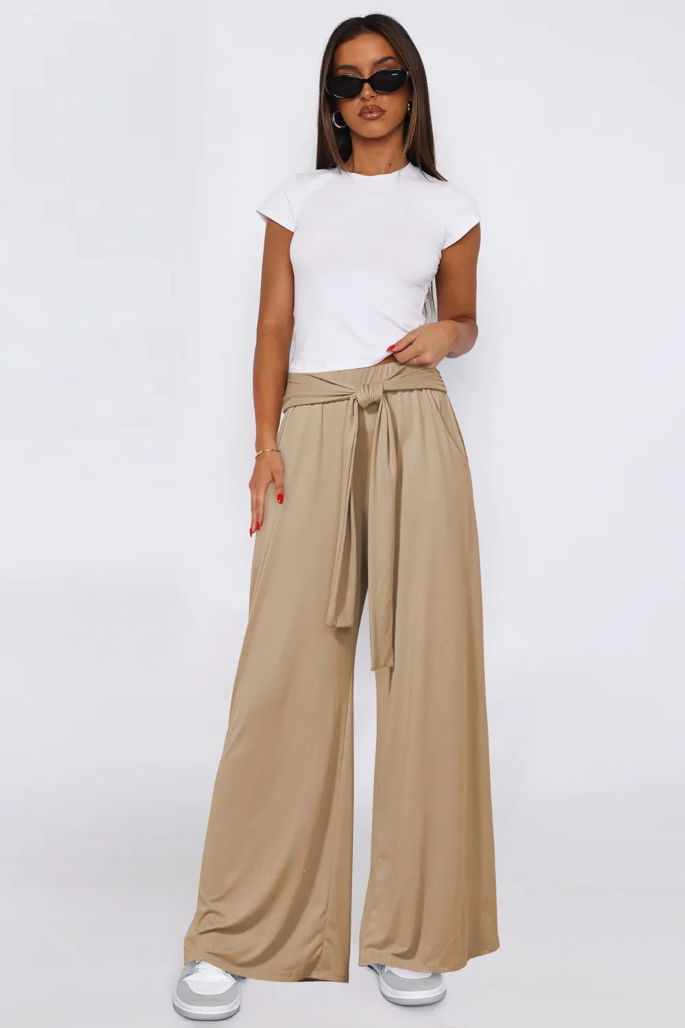 Sarah Express Women's Tied Pocketed Wide Leg Pants Tan