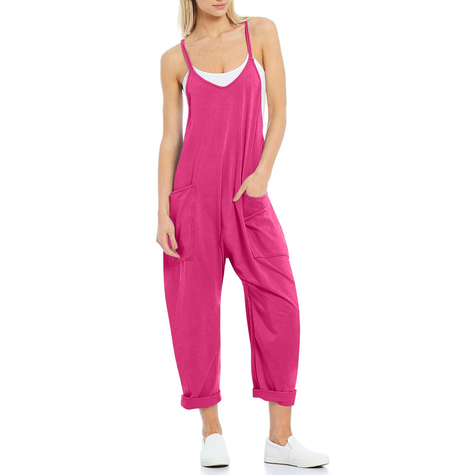 Sarah Express Women's Knitted Spaghetti Strap Jumpsuit - Loose Fit Wide Leg Overalls with Pockets