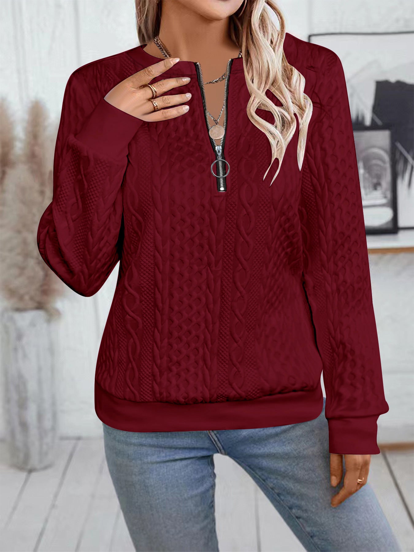 Sarah Express Women's Zipper Detail Long Sleeve Sweater Casual Loose Fit Pullover Top