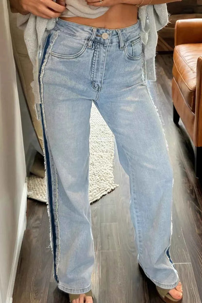 Sarah Express Women's Contrast Stripe Patchwork Shift Jeans - Frayed Side Panel Denim Light