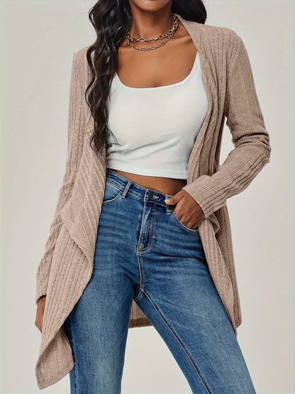 Sarah Express Women's Ribbed Knit Open Front Cardigan - Long Sleeve Lightweight Sweater Khaki