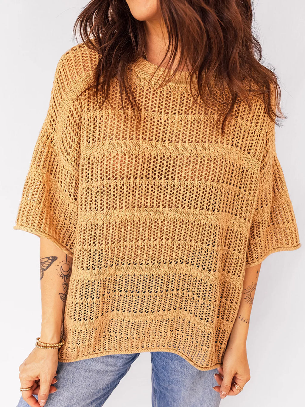 Sarah Express Women's Hollow Out Openwork Knit 3/4 Sleeve Sweater Mustard
