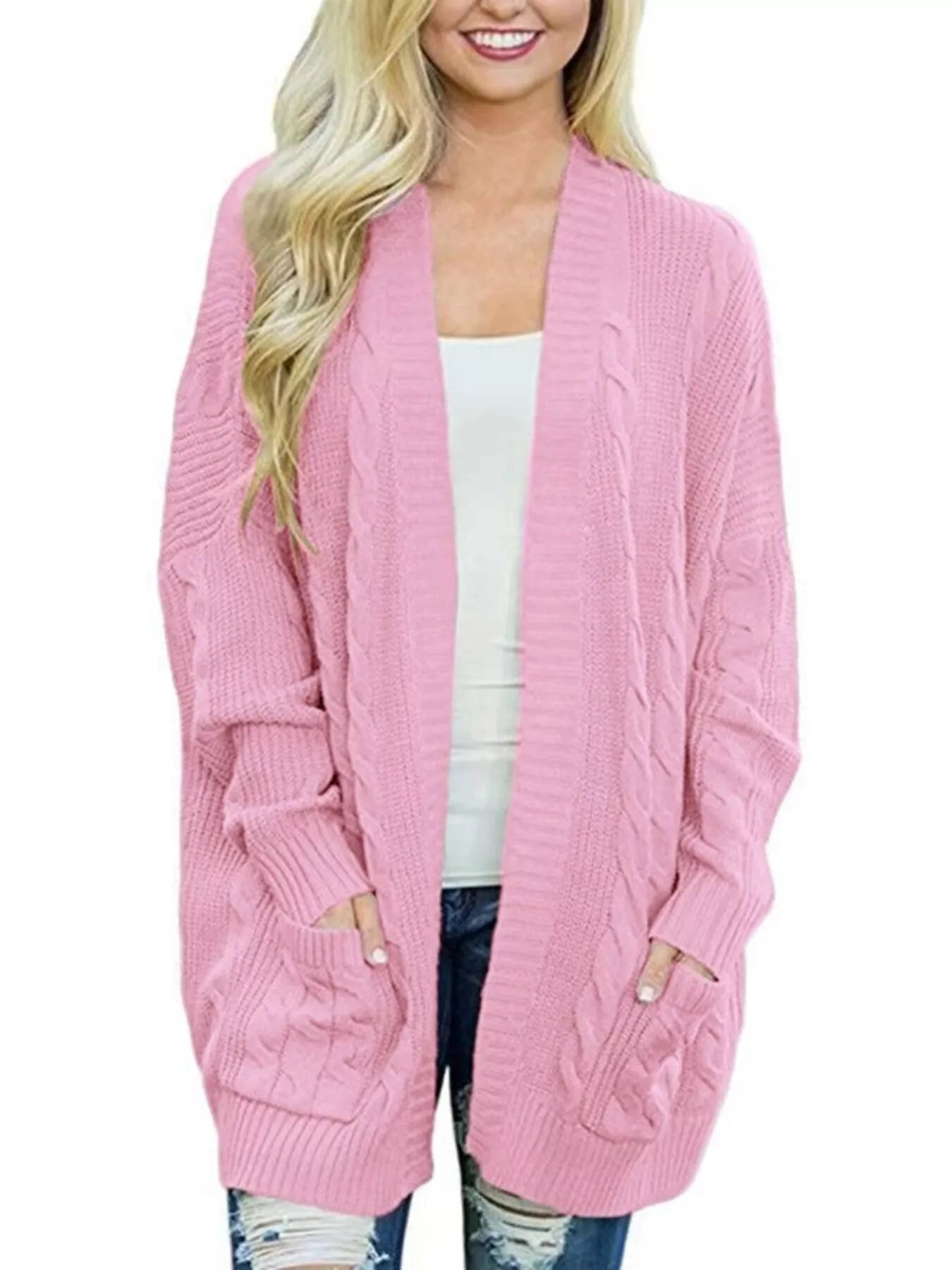 Sarah Express Women's Chunky Knit Open Front Cardigan - Cozy Oversized Plus Size Sweater Pink