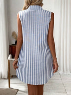 Sarah Express Women's Striped Sleeveless V-Neck Button Front Midi Shirt Dress