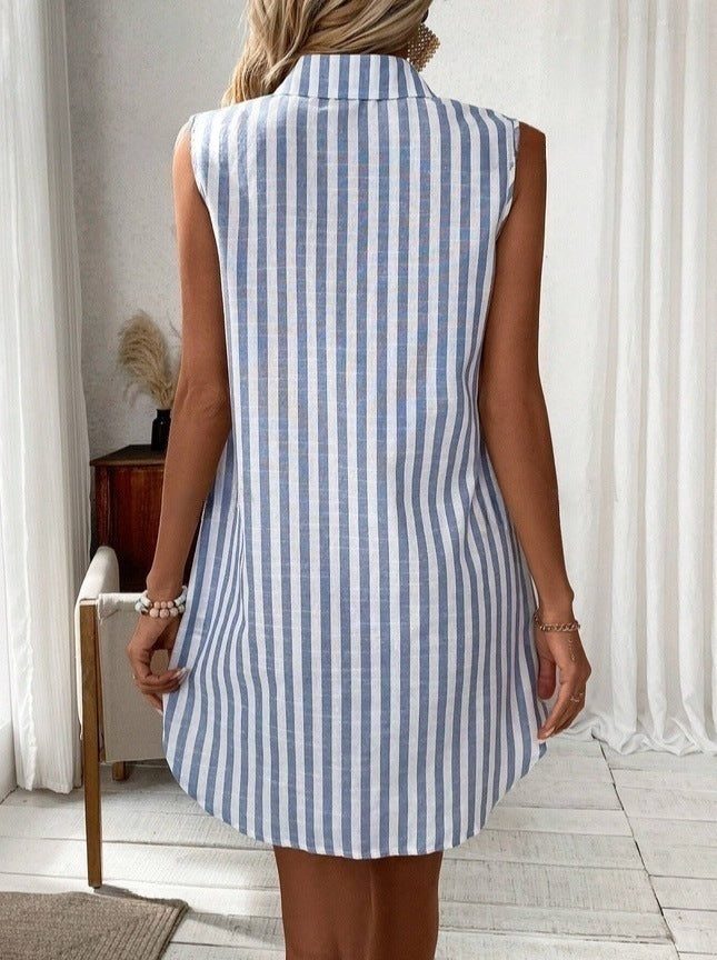 Sarah Express Women's Striped Sleeveless V-Neck Button Front Midi Shirt Dress