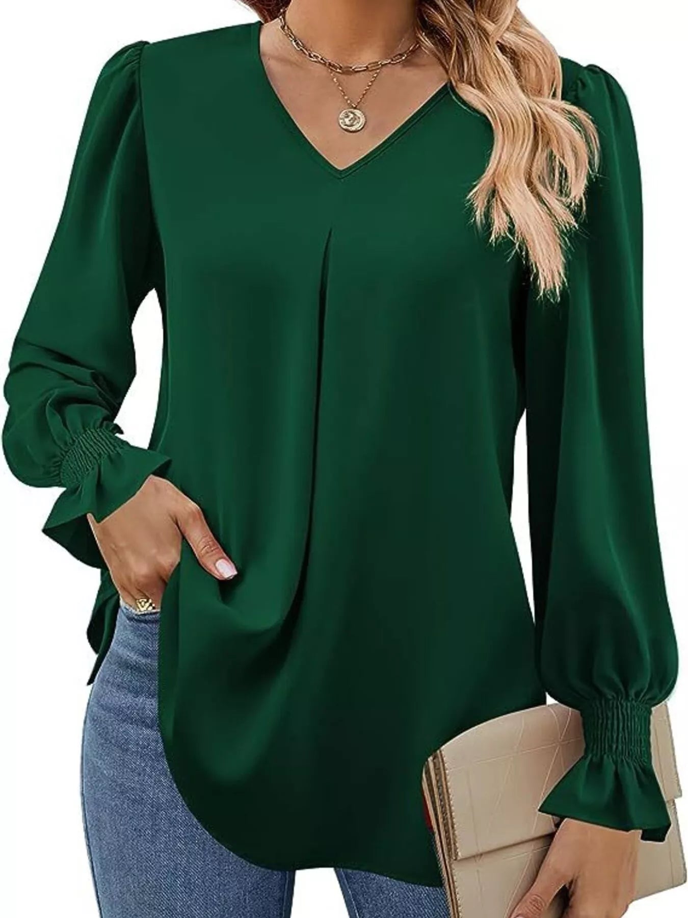 Sarah Express Women's V-Neck Long Sleeve Ruffle Cuff Blouse