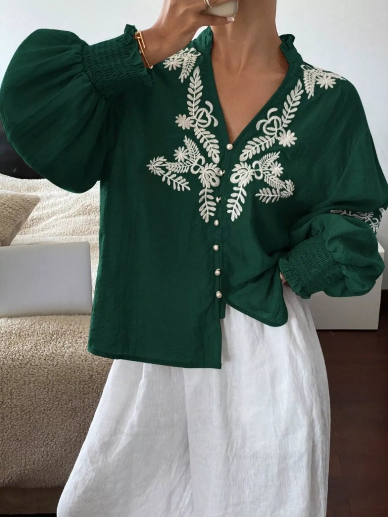 Sarah Express Women's Embroidered Long Sleeve Blouse Green