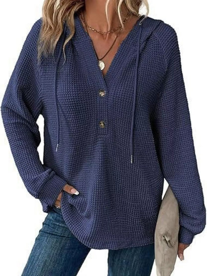 Sarah Express Women's Button Detail Waffle Knit Hoodie - Plus Size Drawstring Pullover with Pockets Blue