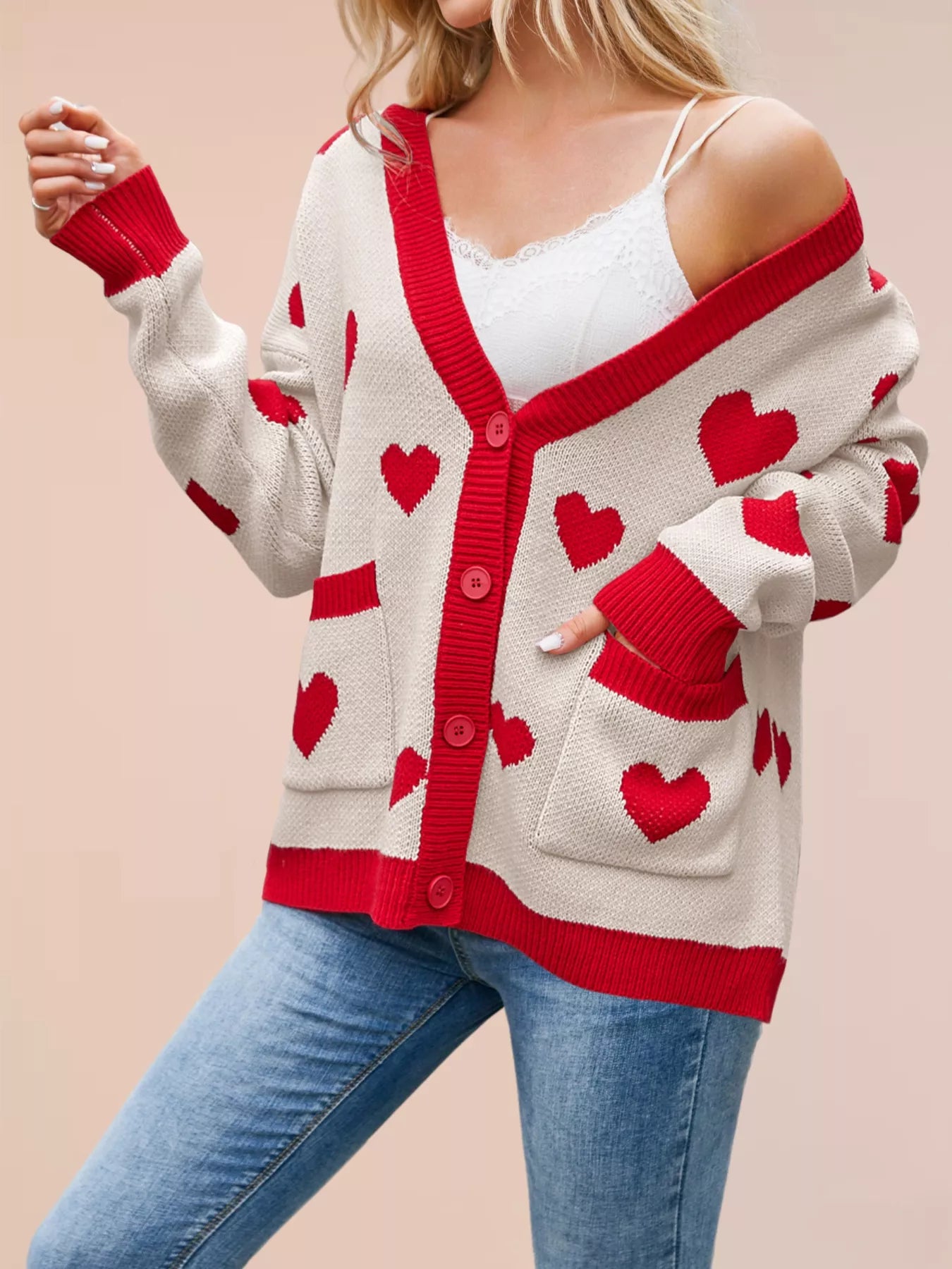 Sarah Express Women's Heart Pattern Button-Up Knit Cardigan Apricot