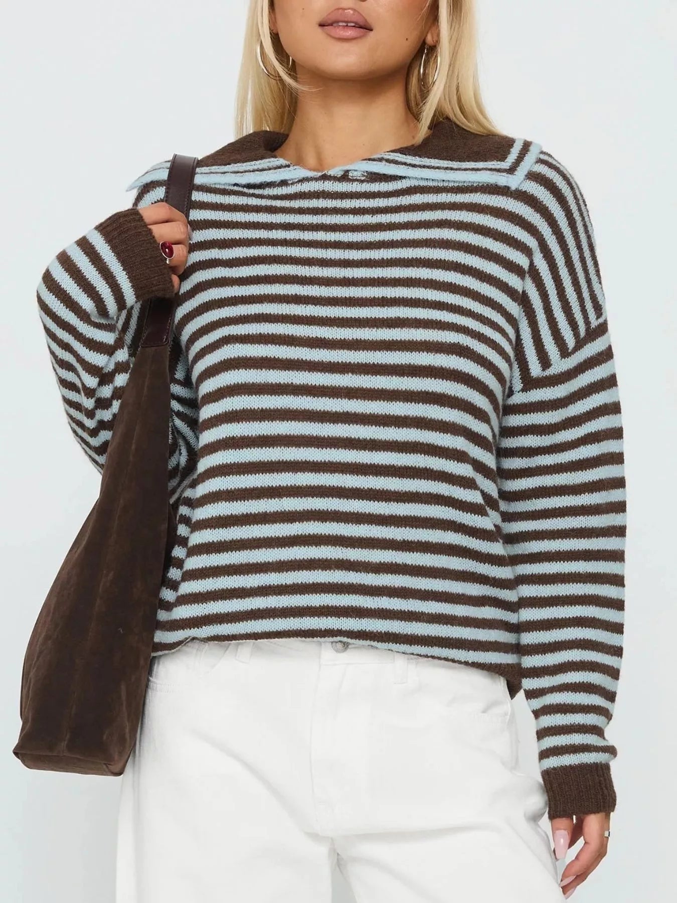 Sarah Express Women's Striped Knit Dropped Shoulder Sweater