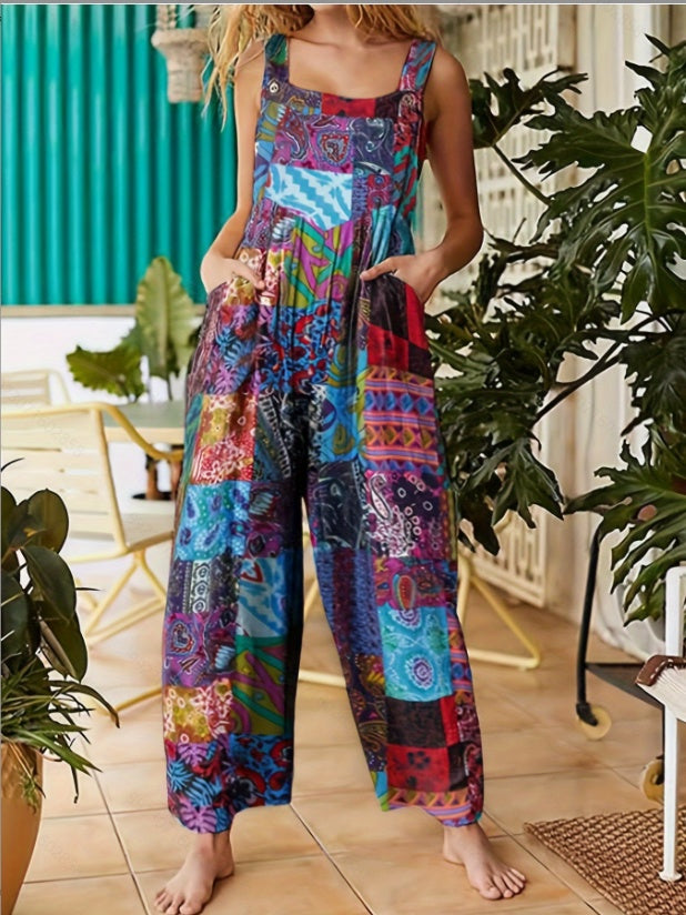 Sarah Express Women's Ethnic Print Jumpsuit Suspender Sleeveless Button Front