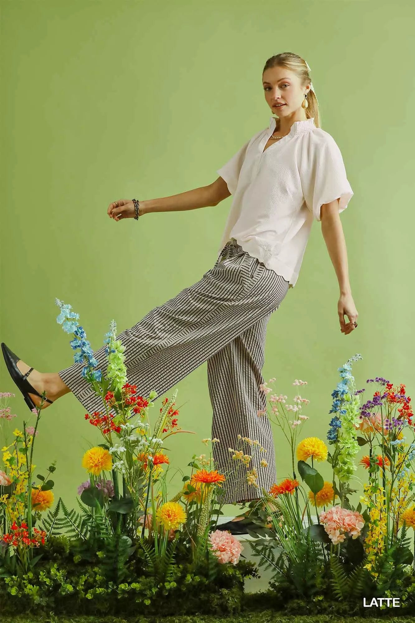 Sarah Express Women's Drawstring Striped Wide-Leg Pants