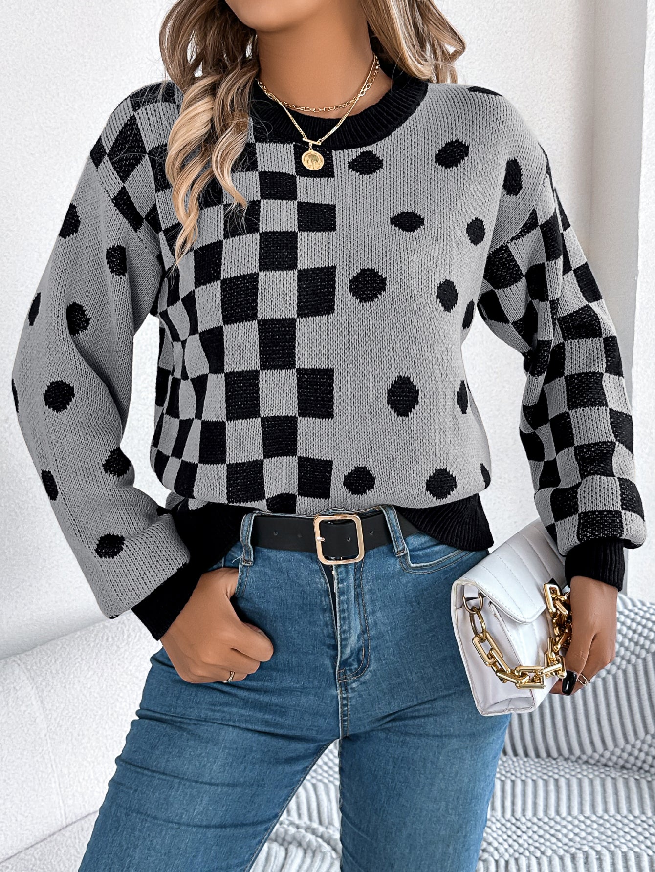 Sarah Express Women's Color Block Polka Dot Plaid Lantern Sleeve Pullover Sweater Gray