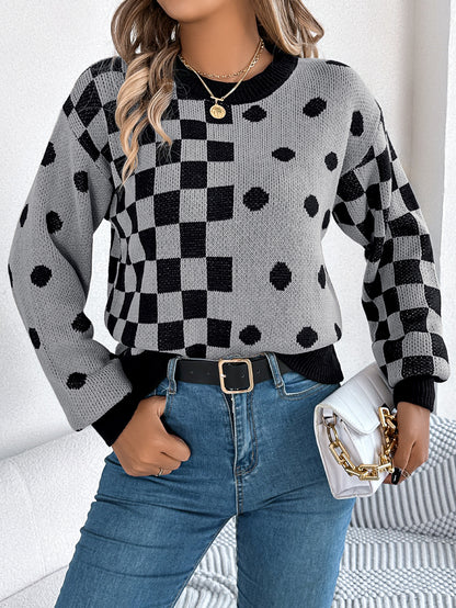 Sarah Express Women's Color Block Polka Dot Plaid Lantern Sleeve Pullover Sweater Gray