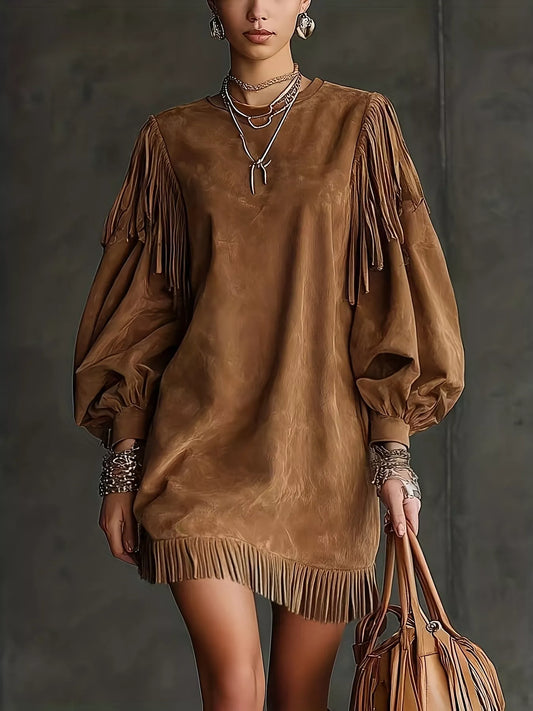 Sarah Express Women's Suede Fringe Lantern Sleeve Mini Dress - Boho Western Style Brown