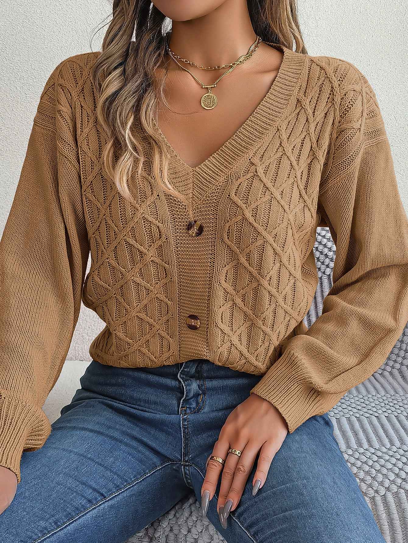 Sarah Express Women's Cable Knit Pullover Sweater with Button Detail and Lantern Sleeves