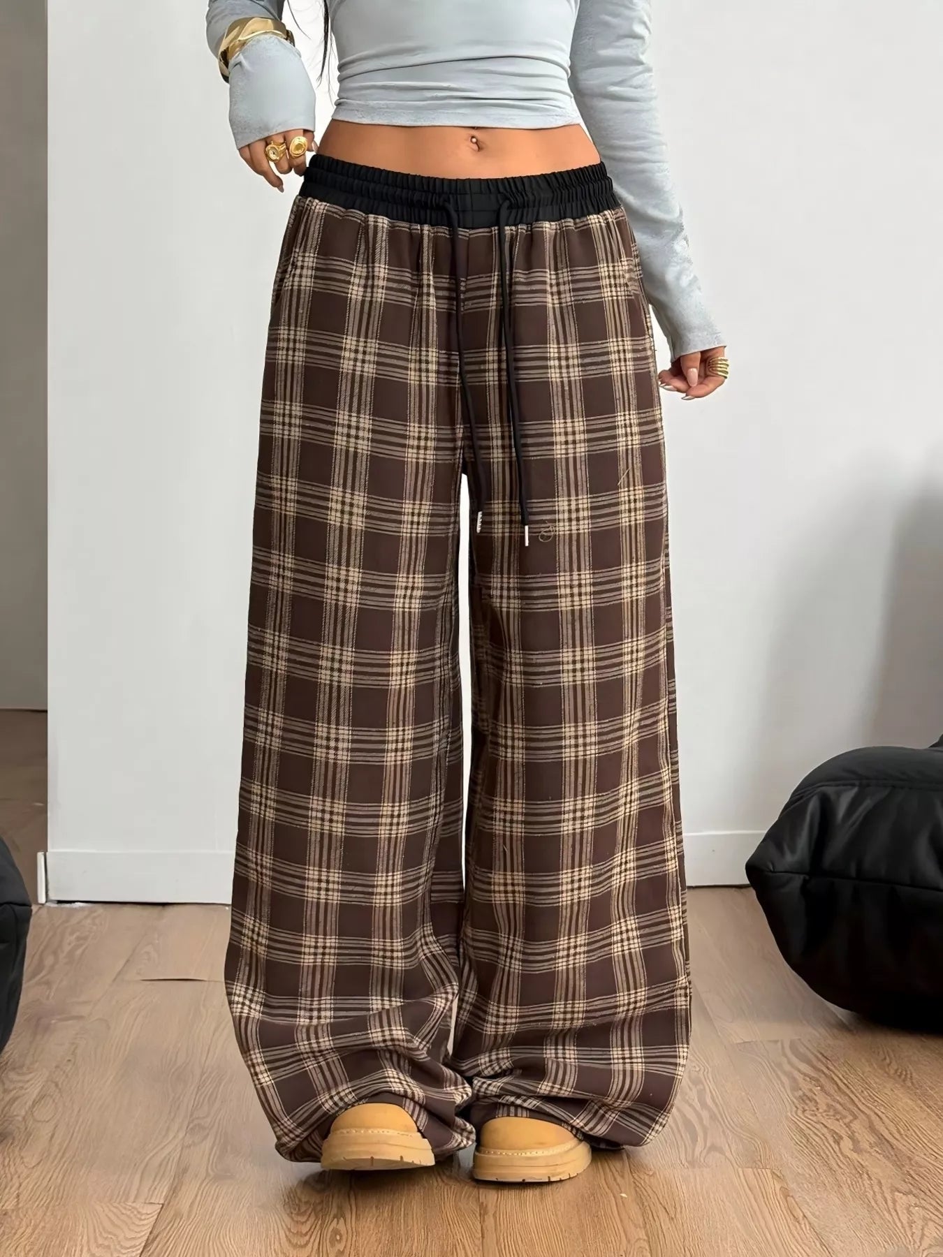 Sarah Express Women's Plaid Wide Leg Pants with Drawstring and Pockets