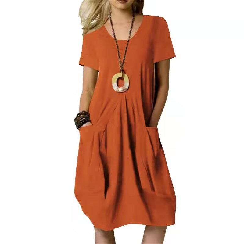 Sarah Express Women's Cotton Linen Loose Midi Dress Round Neck Short Sleeve Casual