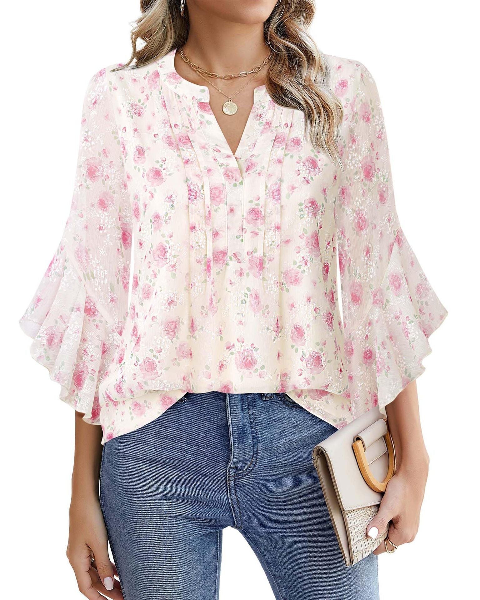 Sarah Express Women's Lotus Leaf Ruffle Sleeve Pullover Top Loose Fit 3/4 Sleeve