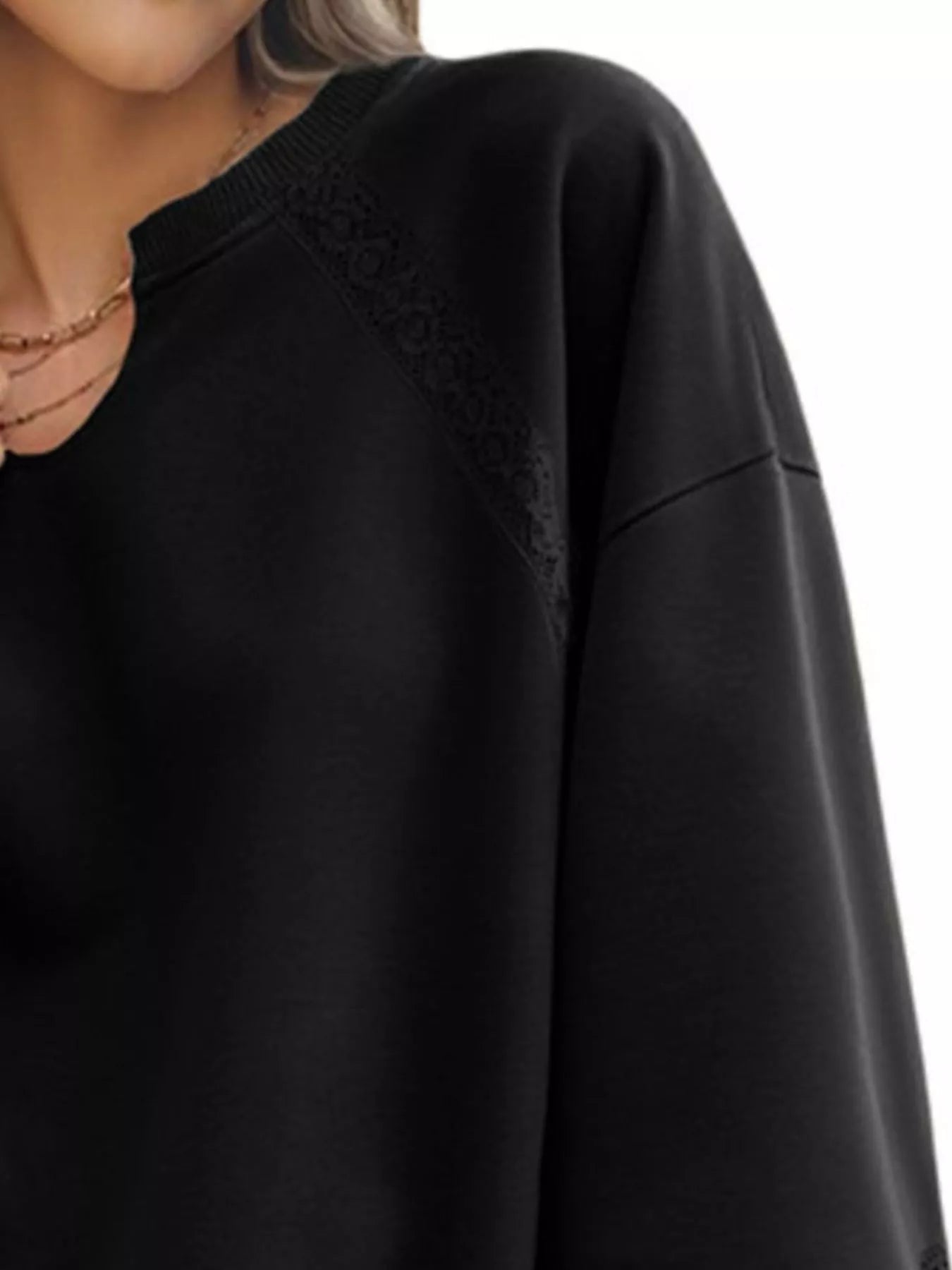 Sarah Express Women's Lace Detail Notched Long Sleeve Sweatshirt - Oversized Casual Pullover