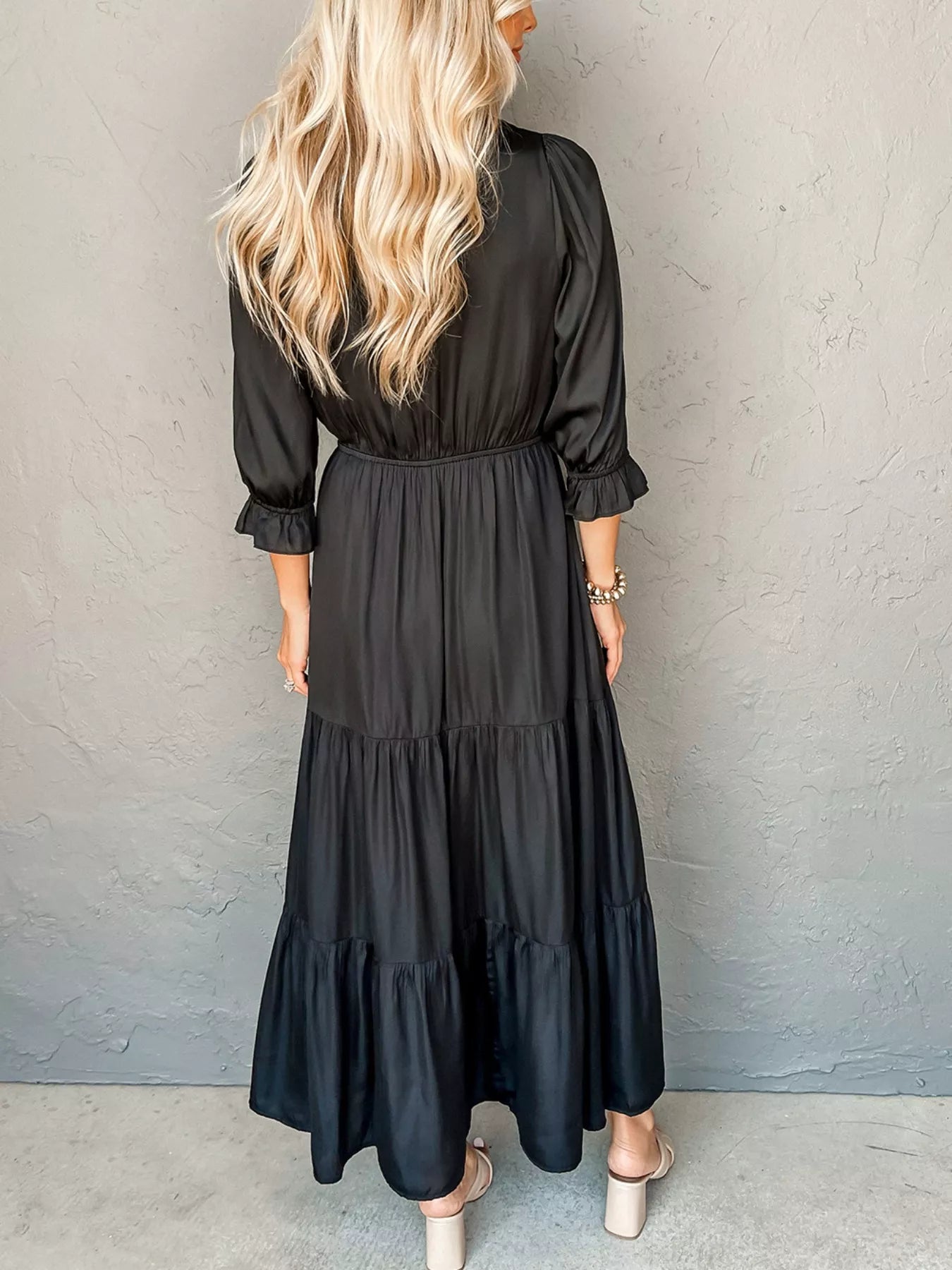 Sarah Express Women's Flounced Bracelet Sleeve V Neck Tiered Dress - Elegant Casual Summer Dress