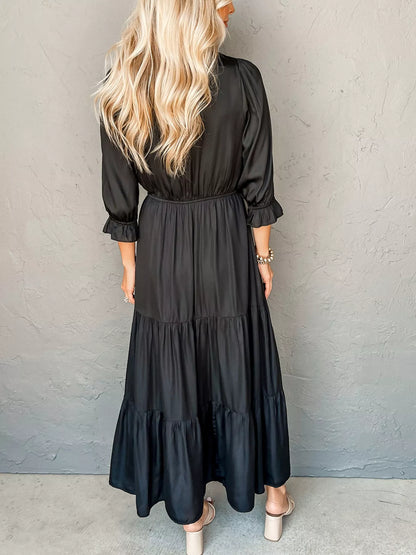 Sarah Express Women's Flounced Bracelet Sleeve V Neck Tiered Dress - Elegant Casual Summer Dress