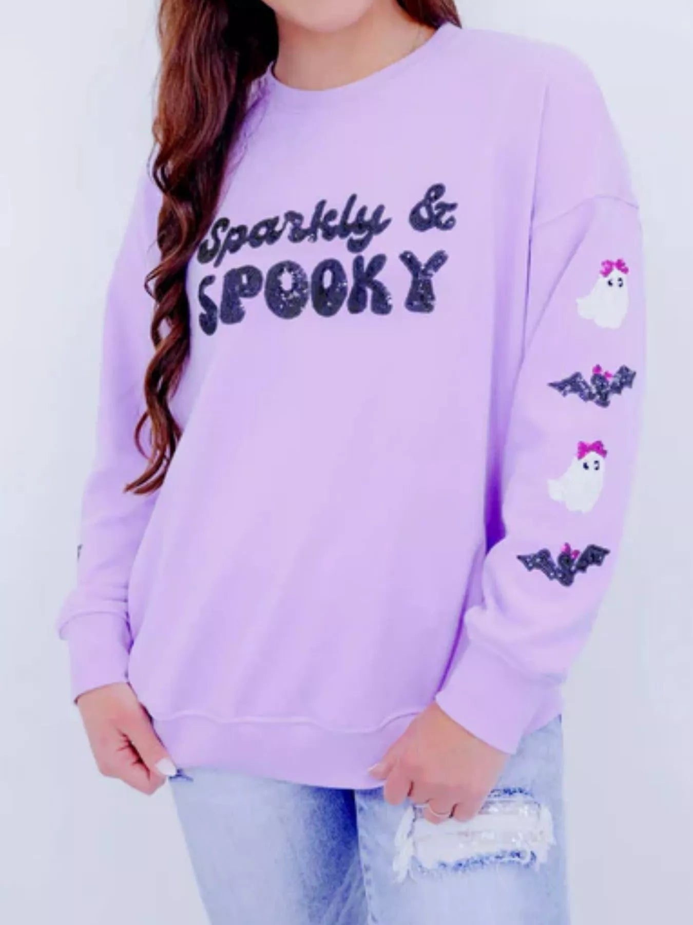 Sarah Express Full Size Halloween Round Neck Long Sleeve Sweatshirt Plus Size Purple