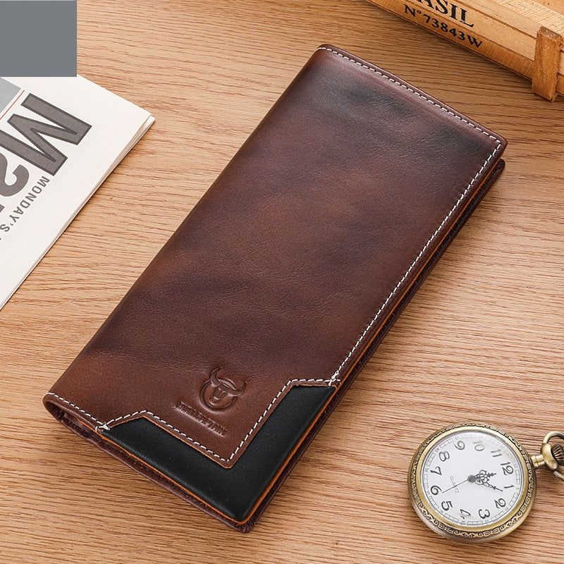 Sarah Express Captain Niu Oil-Waxed Genuine Leather Retro Bifold Wallet – Large Capacity Men's Wallet Flame Coffee