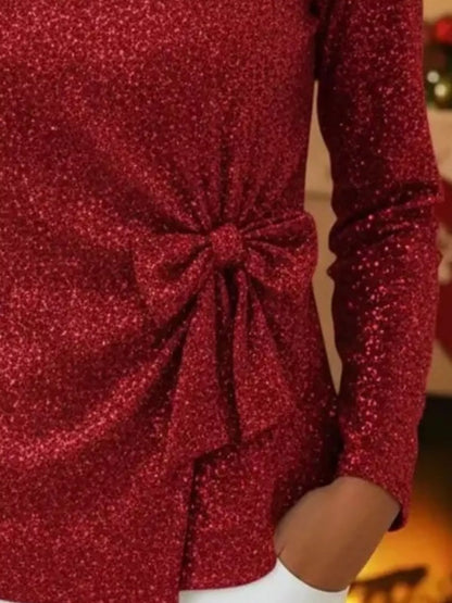 Sarah Express Women's Sequin Bow-Knot Long Sleeve Top - Plus Size Sparkle Blouse