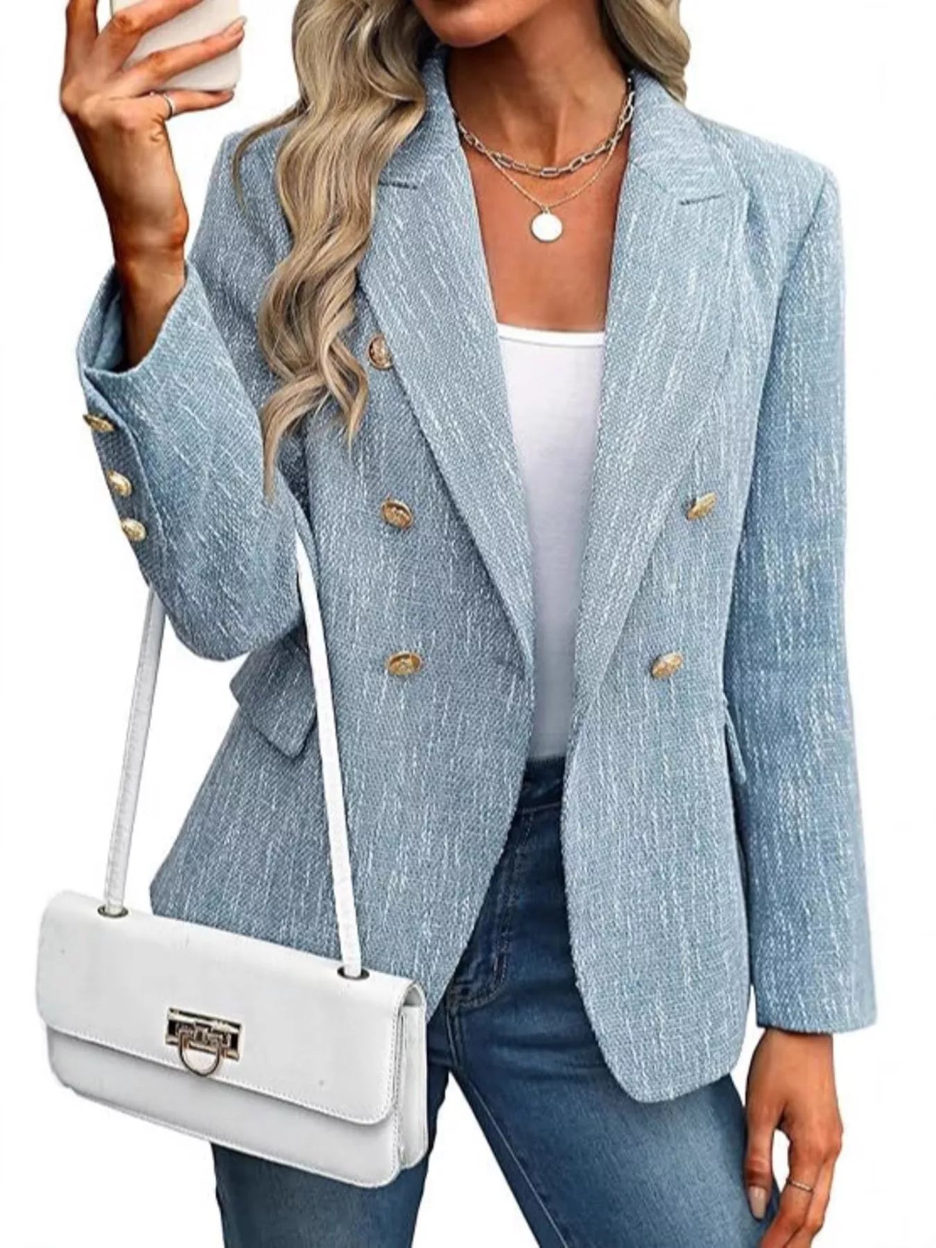 Sarah Express Women's Double-Breasted Lapel Collar Blazer Light Blue