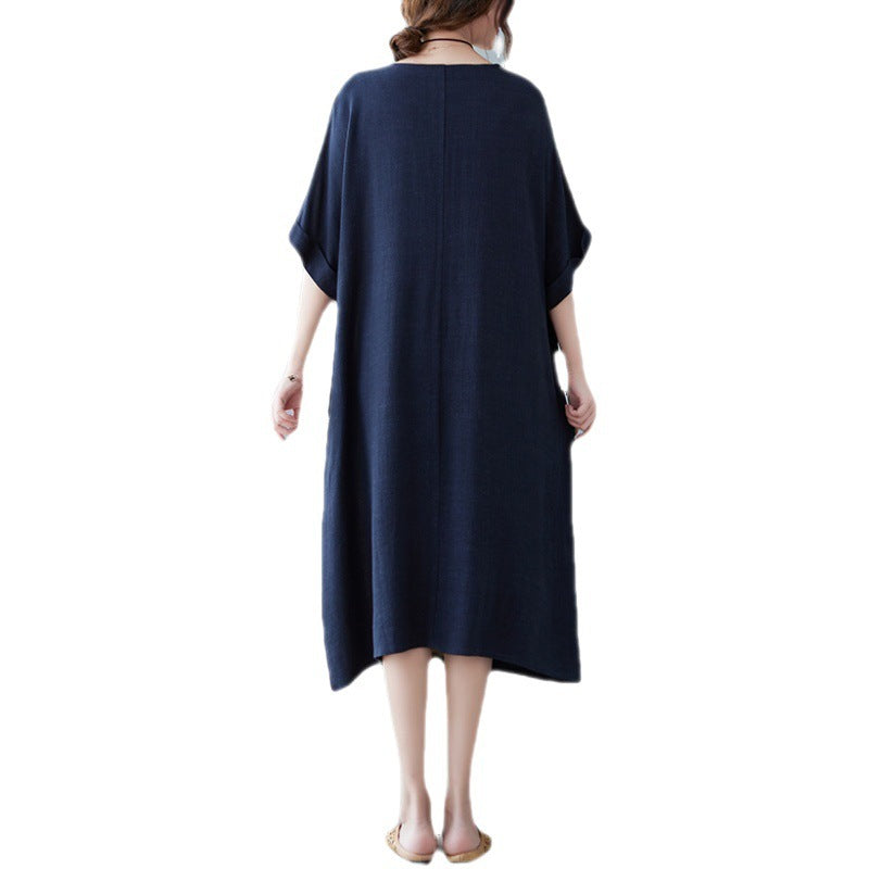Sarah Express Women's Cotton Linen Contrast Paneled Dress Loose Fit Half Sleeve Midi Literary Style