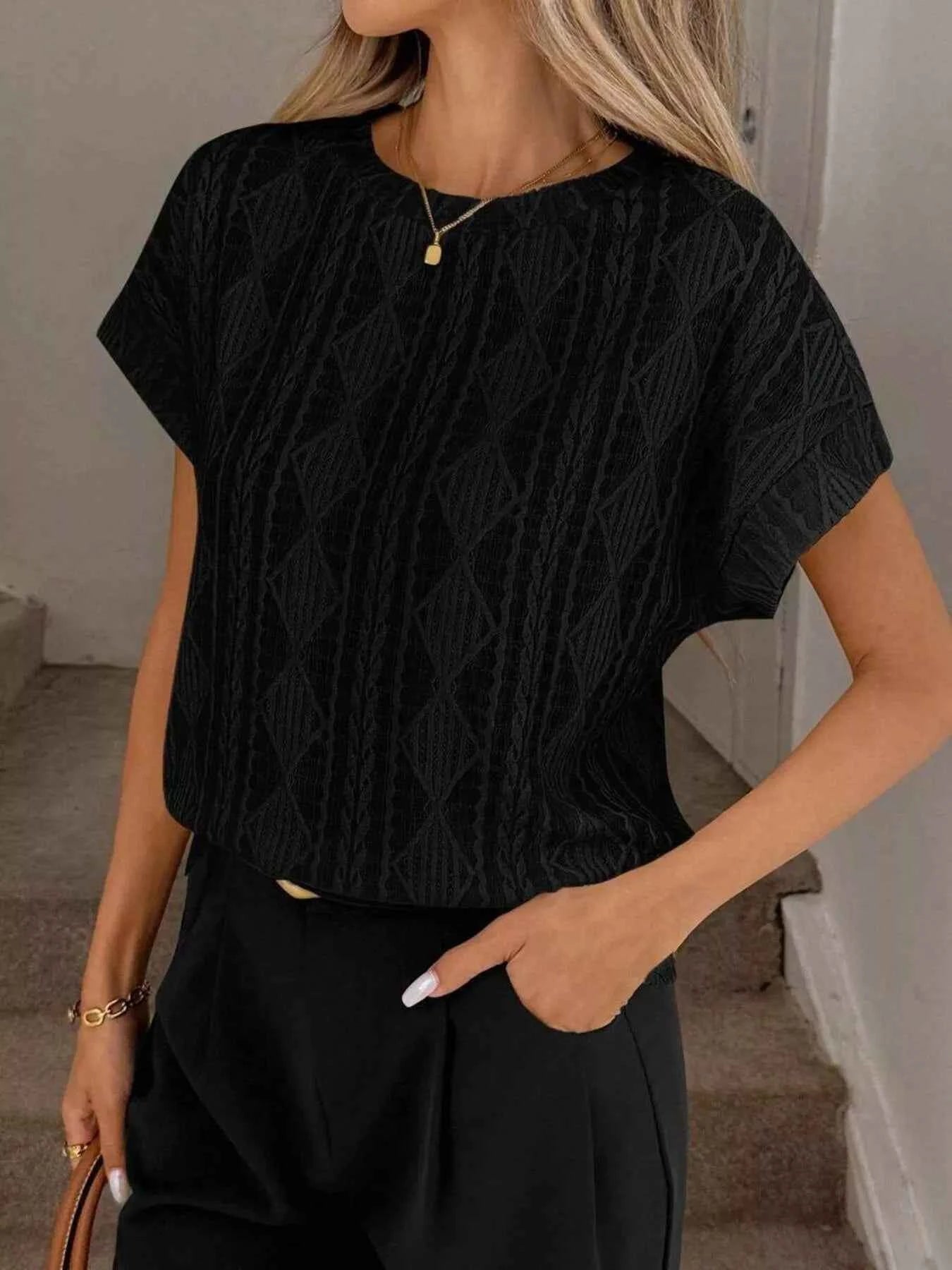 Sarah Express Women's Diamond Pattern Round Neck Top - Short Sleeve Knit Blouse Black