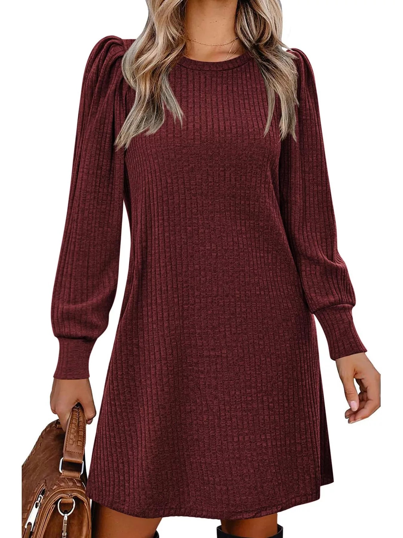 Sarah Express Women's Ribbed Knit Puff Sleeve Mini Dress