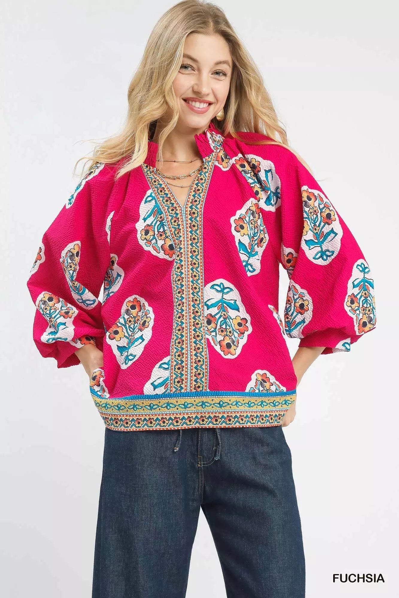 Sarah Express Women's Boho Floral Print Tunic Blouse FUCHSIA