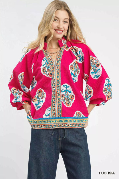 Sarah Express Women's Boho Floral Print Tunic Blouse FUCHSIA