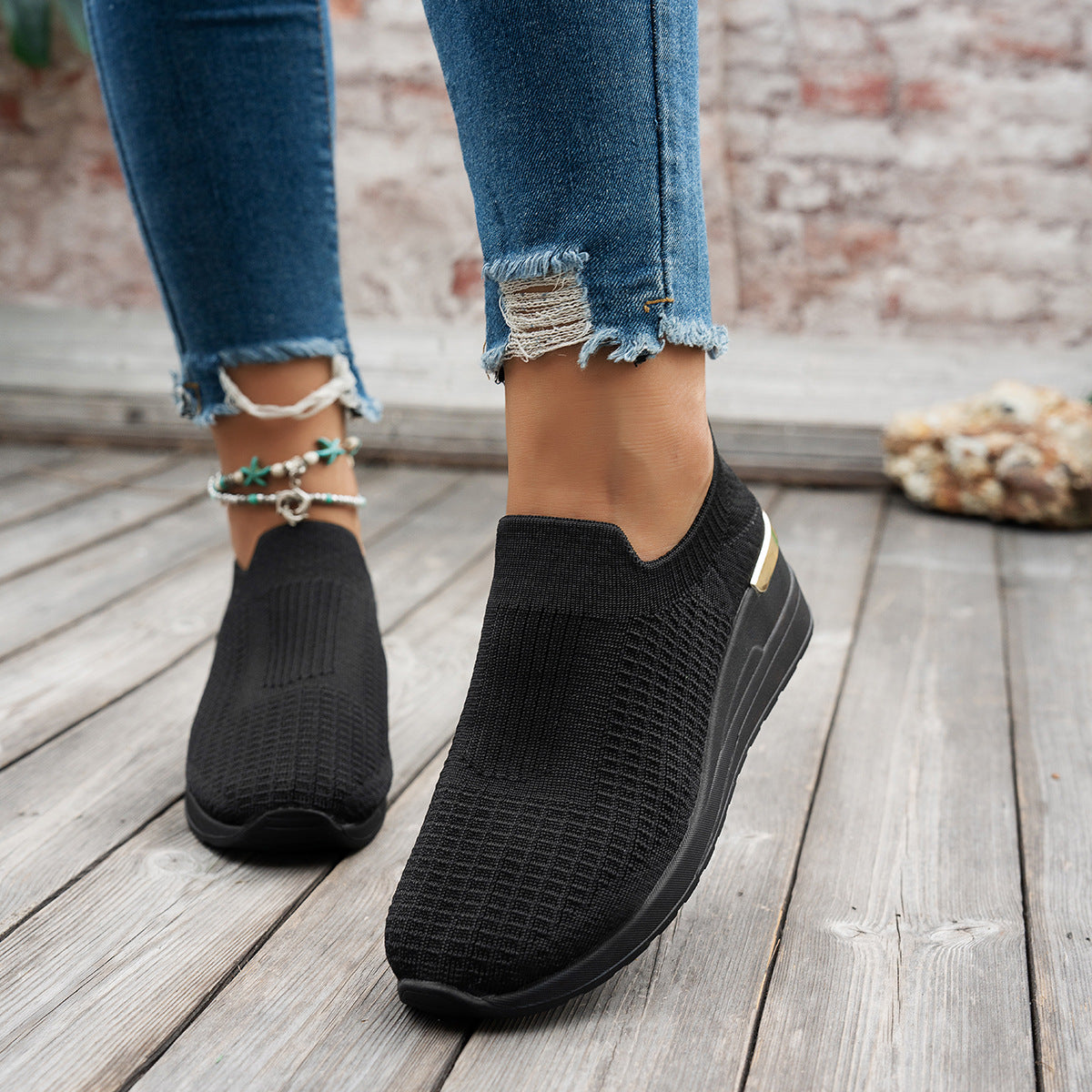 Sarah Express Women's Flyknit Mesh Breathable Wedge Sneakers | Slip-On Platform Casual Shoes Black