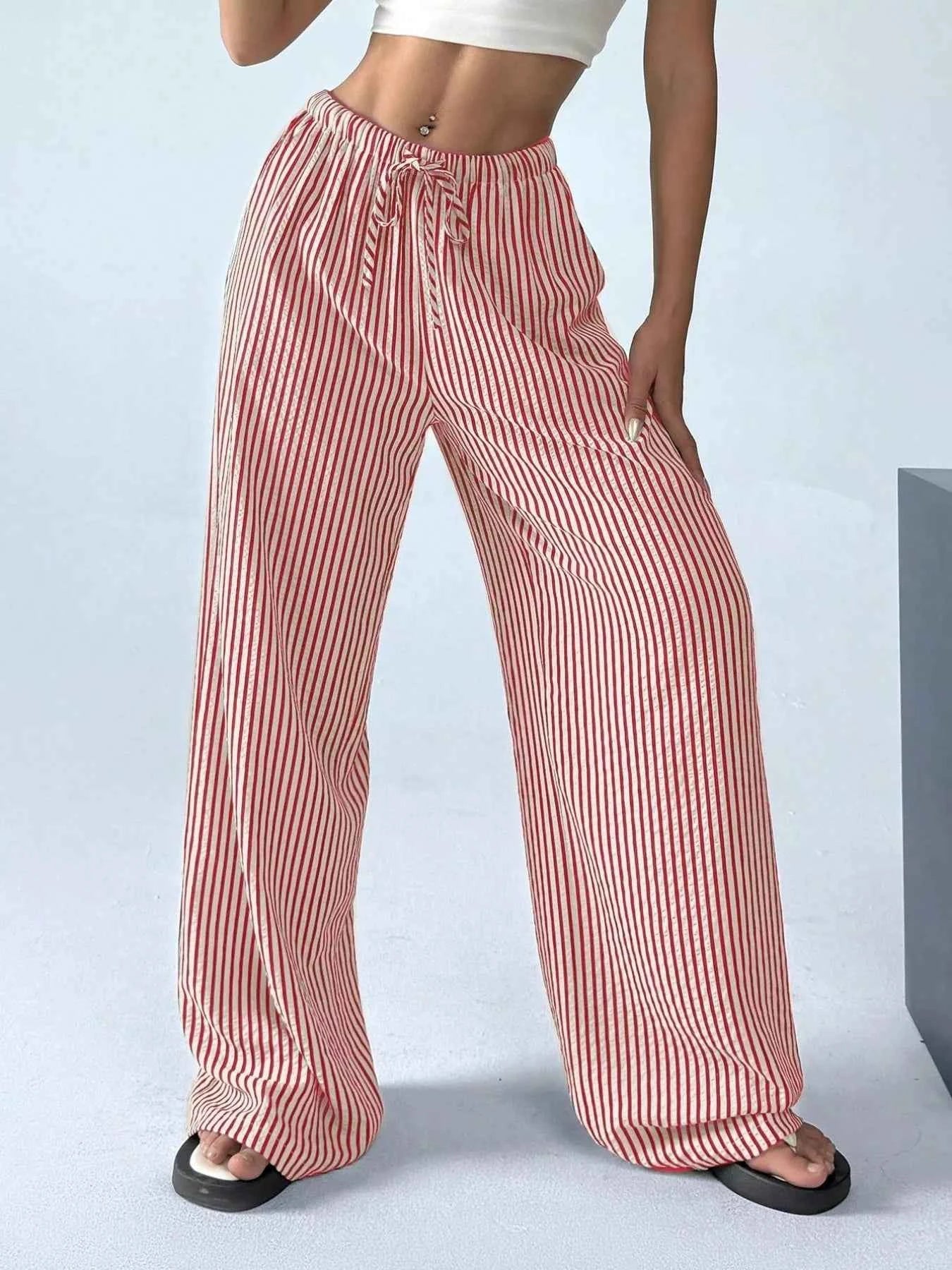 Sarah Express Women's Striped Wide Leg Pants with Drawstring Waist - Plus Size Available