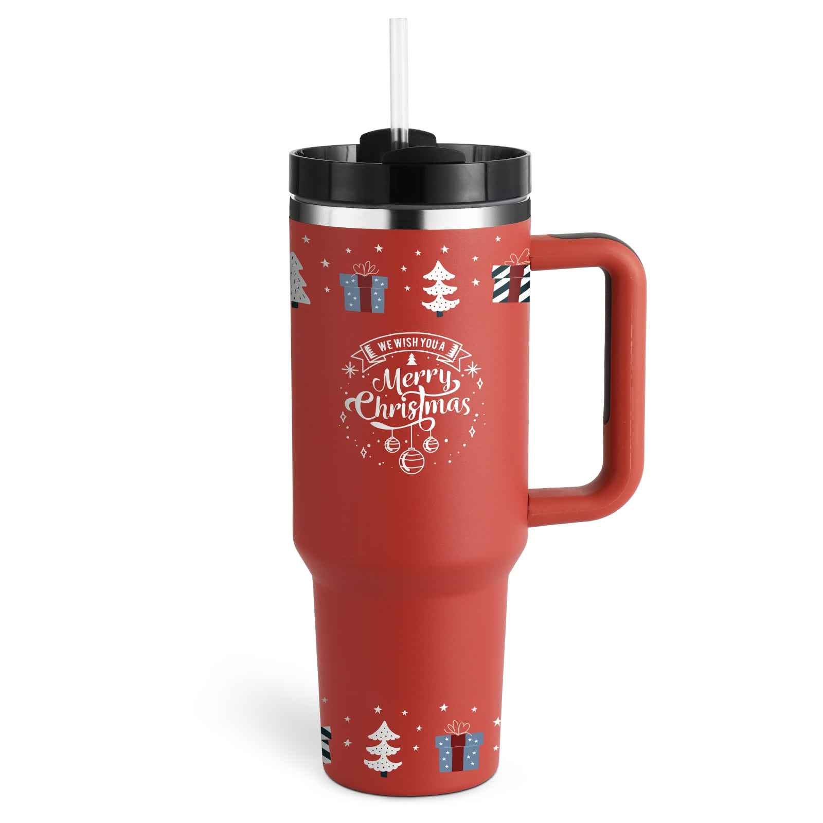 Sarah Express 40 oz Insulated Tumbler with Handle and Straw - Stainless Steel Vacuum Coffee Cup with Lid Christmas Red B 1200ML