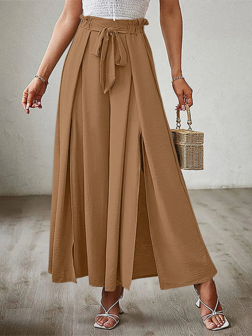 Sarah Express Women's Tied Slit Wide Leg Pants Caramel
