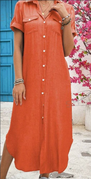 Sarah Express Women's Denim Look Longline Shirt Dress Button Front Short Sleeve Summer
