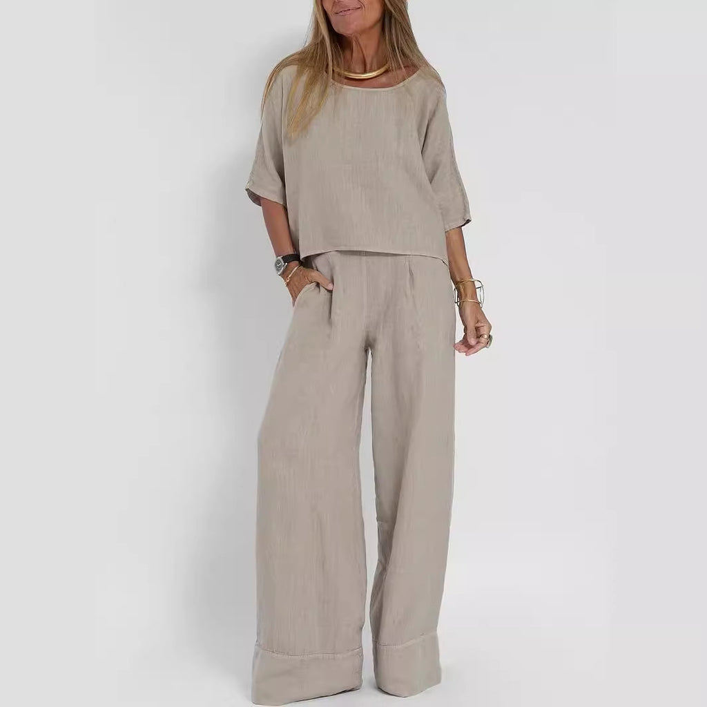 Sarah Express Cotton Linen Two-Piece Pants Suit Cropped Sleeve Wide Leg Casual Set