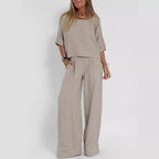 Sarah Express Cotton Linen Two-Piece Pants Suit Cropped Sleeve Wide Leg Casual Set
