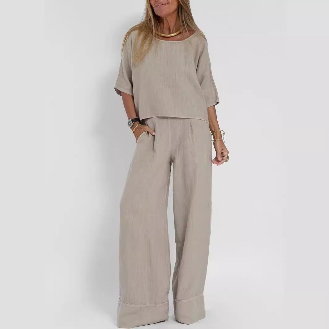 Sarah Express Cotton Linen Two-Piece Pants Suit Cropped Sleeve Wide Leg Casual Set