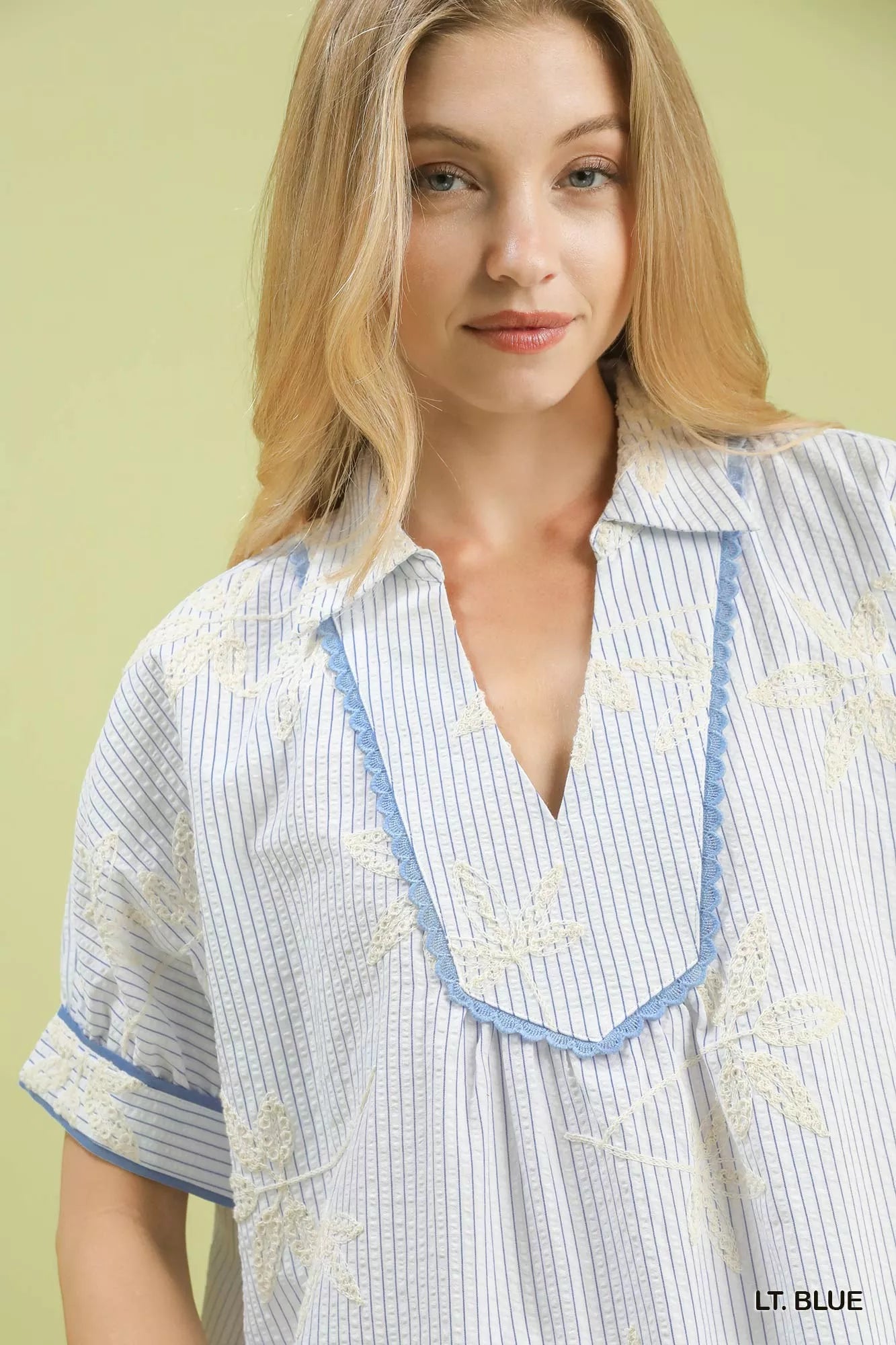 Sarah Express Women's Striped Embroidered Blouse with Scallop Trim