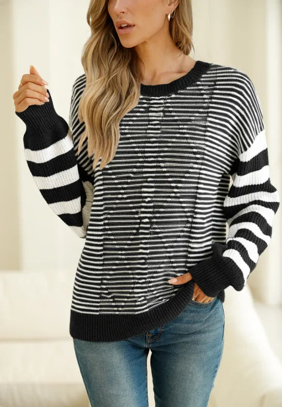 Sarah Express Women's Striped Round Neck Dropped Shoulder Sweater