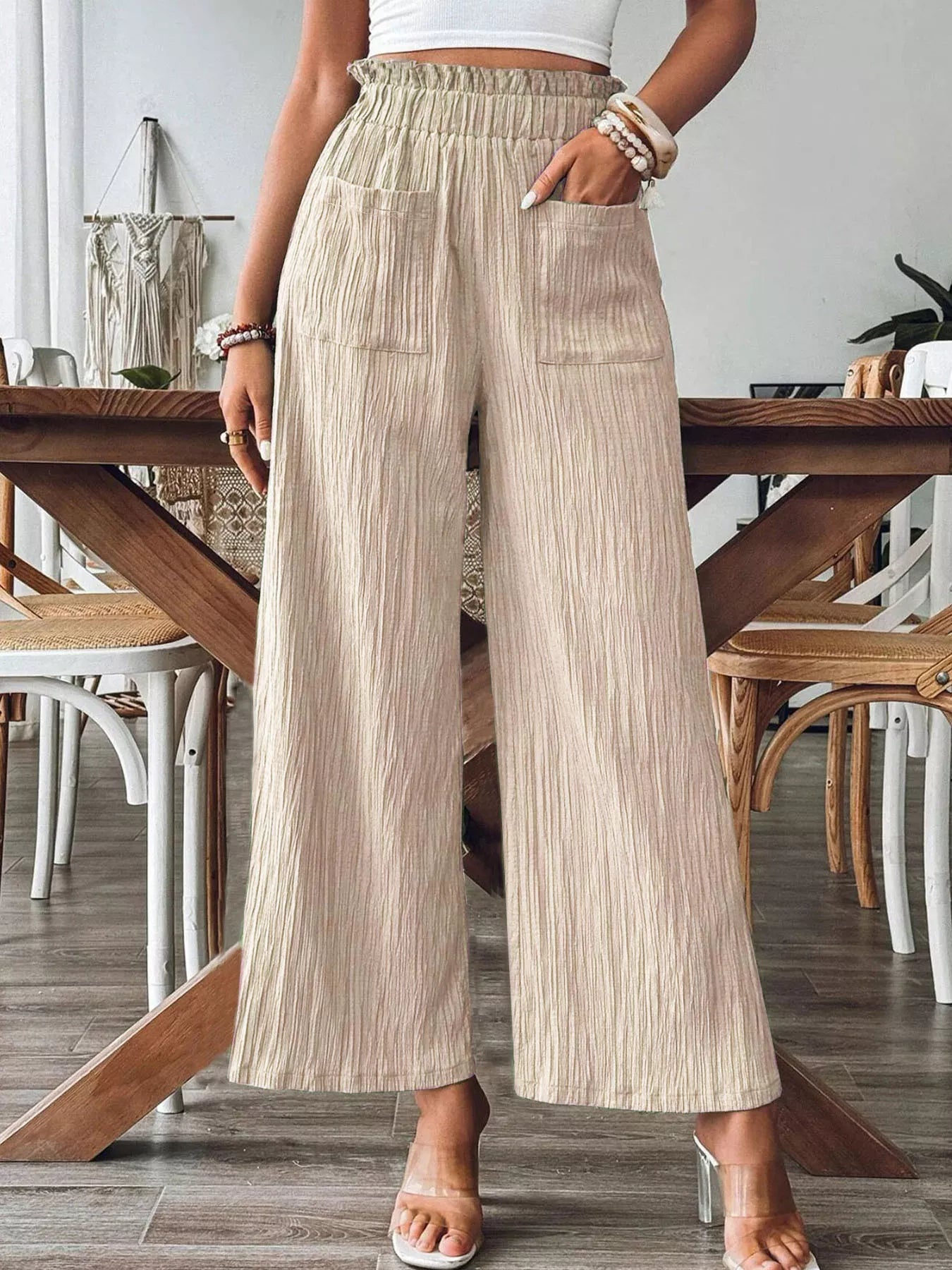 Sarah Express Women's High-Waisted Wide Leg Pants Tan